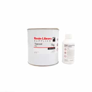 picture of a 1 kg tin of resin topcoat (flowcoat) used for fibreglass roofing and other laminating applications. also shows catalyst.