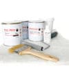 1m2 fibreglass roof repair kit 1 meter square fibreglass roof repair kit. picture of tins of polyester resin and topcoat resin with glass fibre CSM reinforcement to be used to make repairs to fibreglass roofs that are leaking, damaged or require an upgrade.